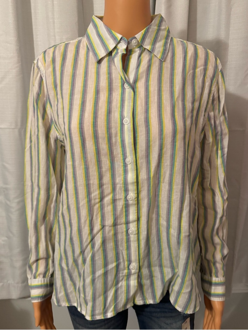Cute Lola River size S white purple green stripe button up long sleeve shirt new